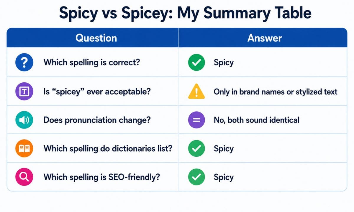 Spicy vs Spicey: My Summary Table