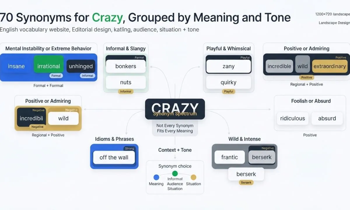 70 synonyms for crazy grouped by meaning and tone, including informal, playful, absurd, intense, and positive alternatives