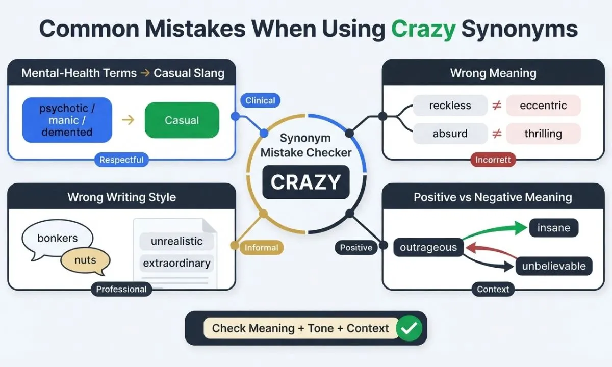 Common mistakes when using crazy synonyms, including wrong meaning, tone, context, and mental-health terms