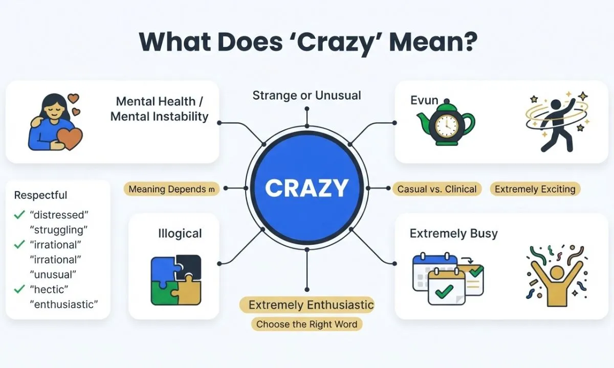 What does crazy mean Six meanings of crazy including unusual, exciting, illogical, busy, and enthusiastic