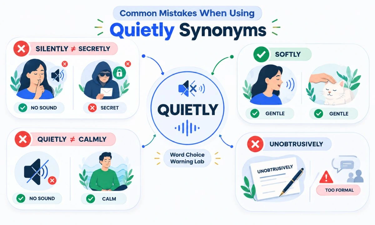 common mistake about Quietly synonyms