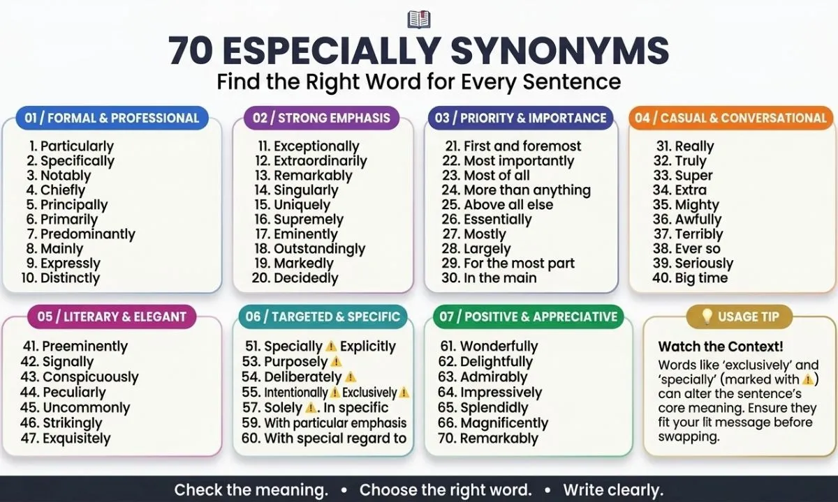 70 especially synonyms infographic featuring formal, casual, strong emphasis, priority, literary, purpose-related, and positive alternatives to especially.