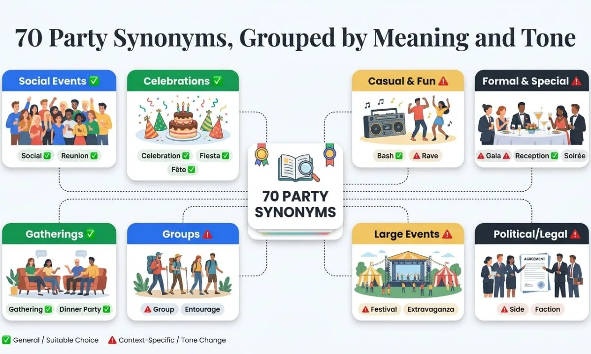 70 party synonyms grouped by meaning, tone, formality, and social event context
