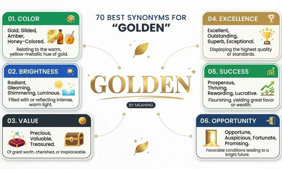 70 synonyms for golden grouped by meaning, including color, brightness, value, excellence, success, and special opportunities, with examples of words for each category.