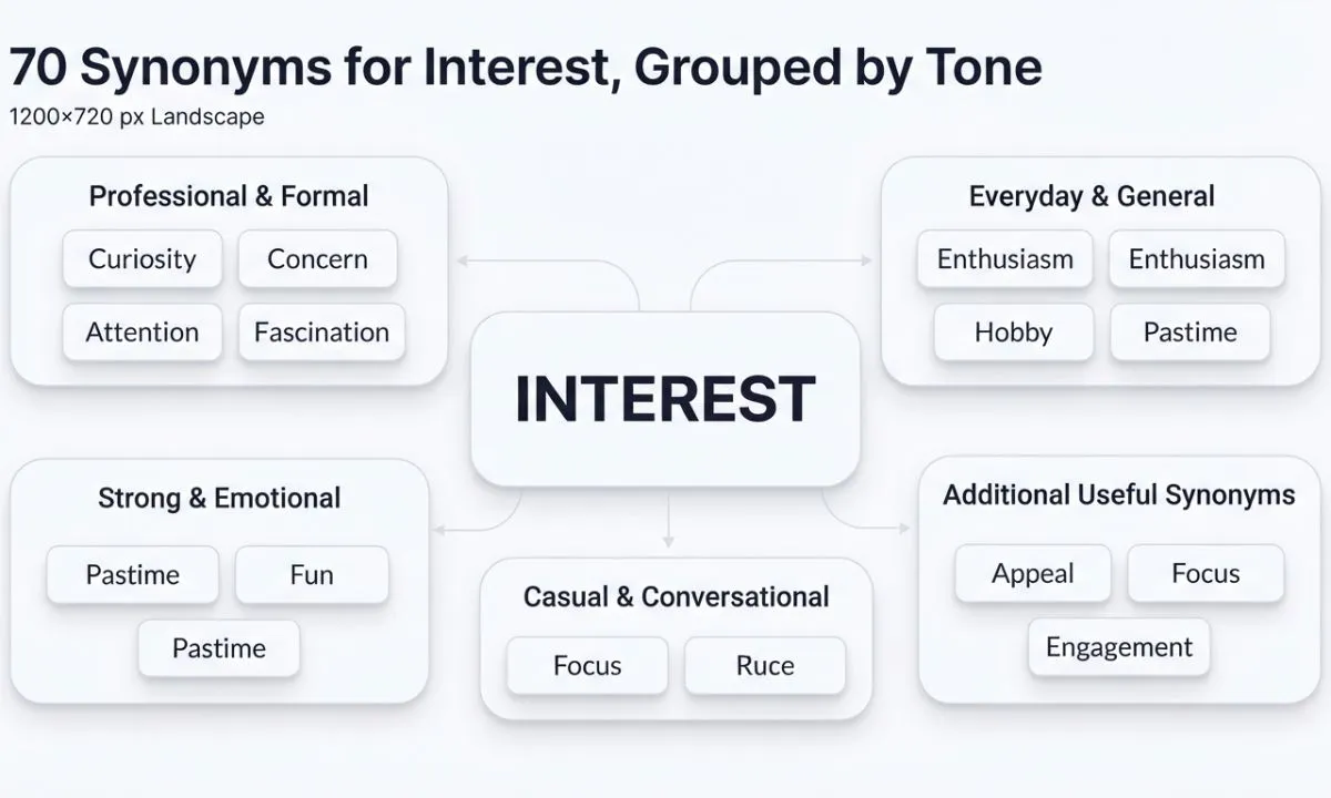 70 synonyms for interest grouped by tone including formal everyday strong emotional and casual English alternatives