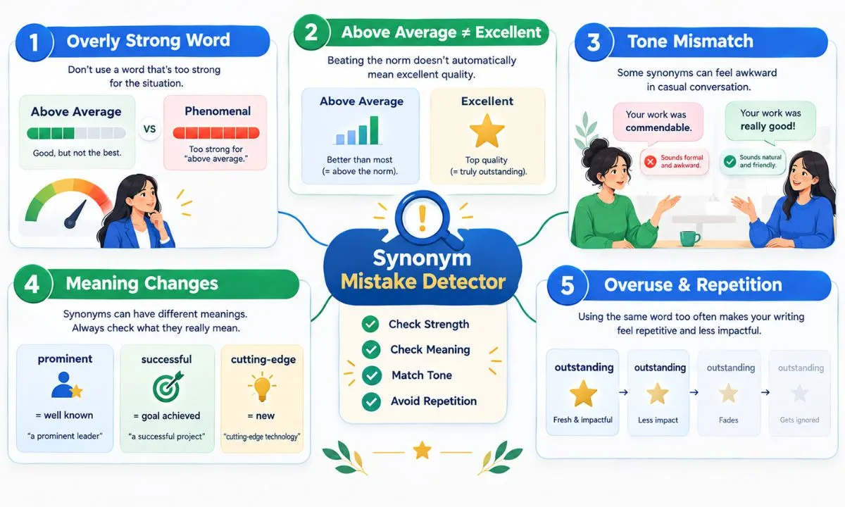 Common mistakes when using above average synonyms, including exaggeration, confusing excellence, wrong tone, changed meaning, and repetition.