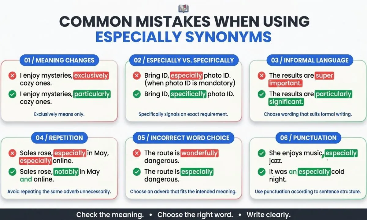 Common mistakes when using especially synonyms, with red X and green check examples explaining incorrect word choice, specifically versus especially, repetition, formal writing, and punctuation.