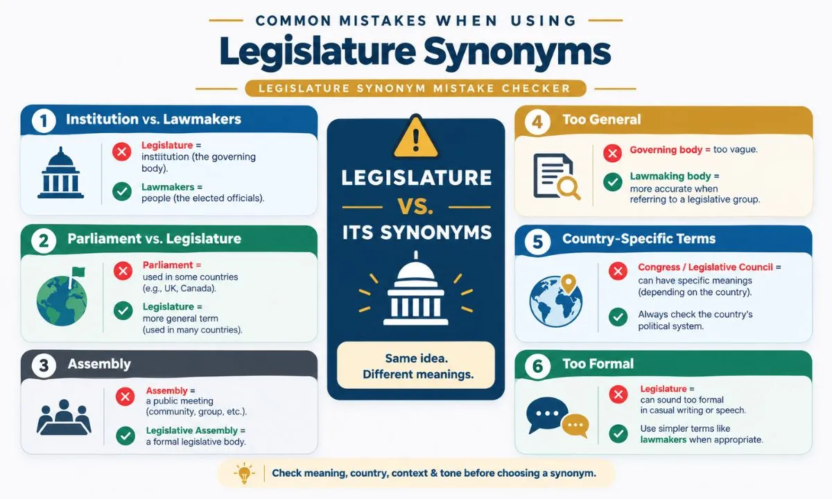 Common mistakes when using legislature synonyms, including confusing lawmakers, parliament, assembly, and country-specific terms.