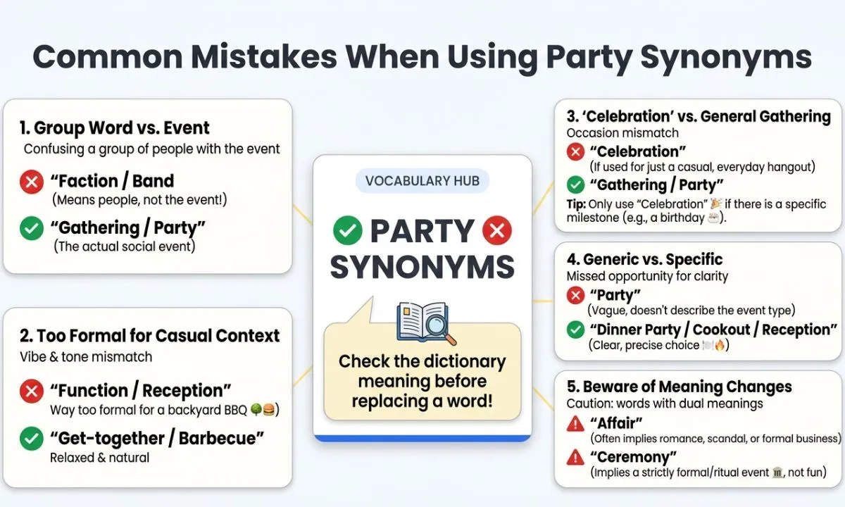 Common mistakes when using party synonyms and choosing the wrong word for context