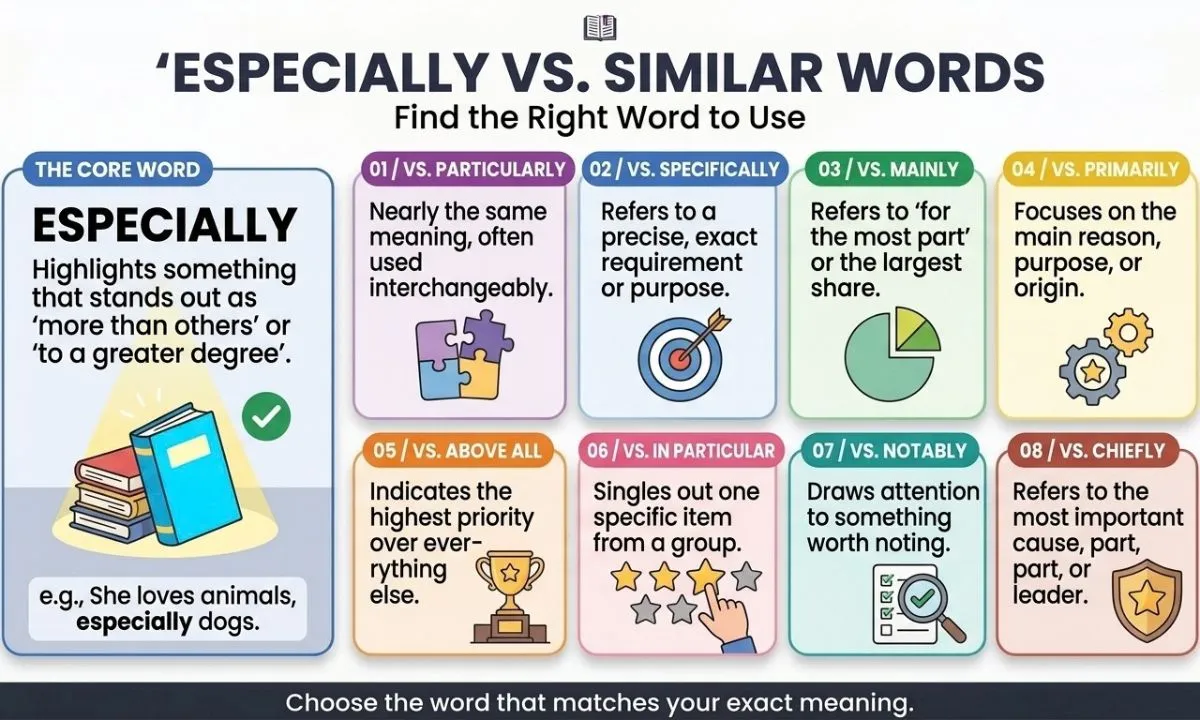 Especially vs similar words infographic comparing particularly, specifically, mainly, primarily, above all, in particular, notably, and chiefly with their meanings and usage differences.
