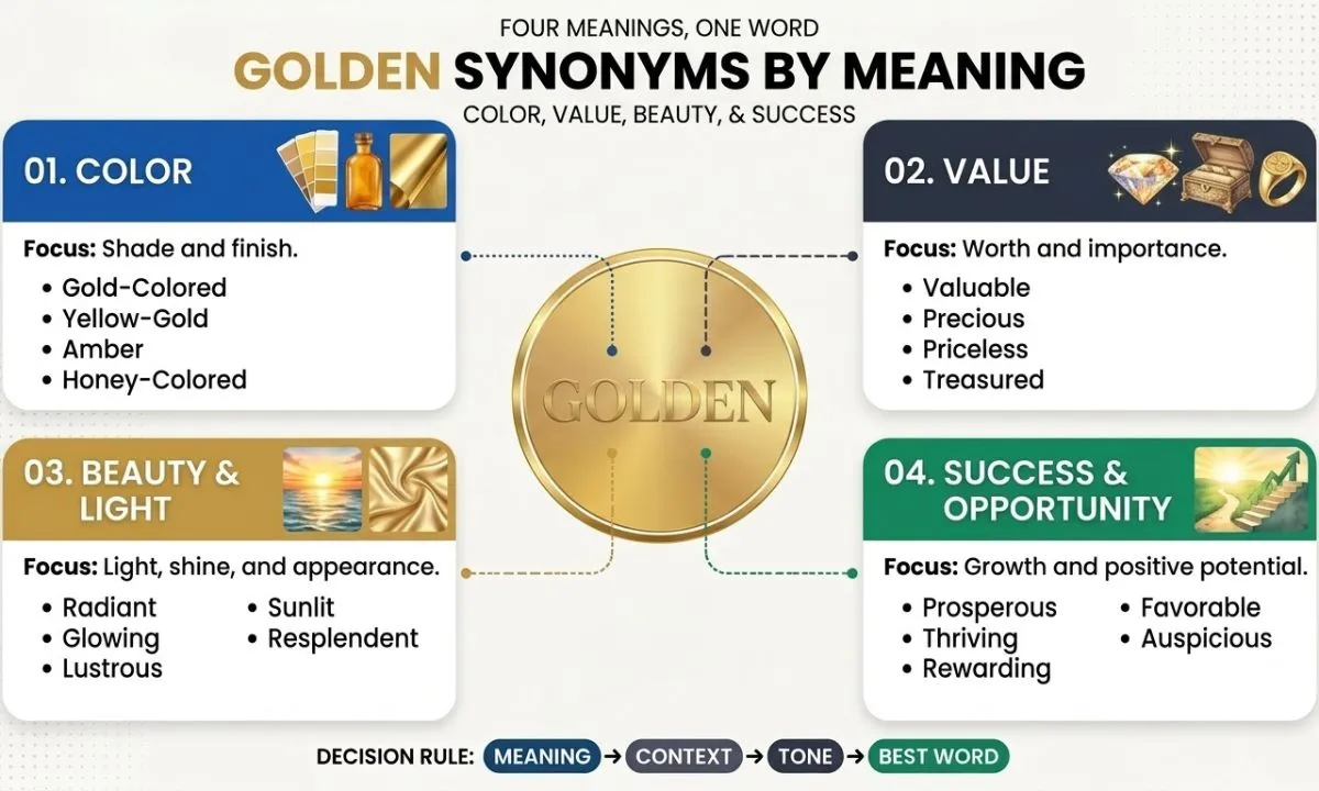 Golden synonyms by meaning explained through four categories color, value, beauty and light, and success and opportunity, with contextual examples of related vocabulary.