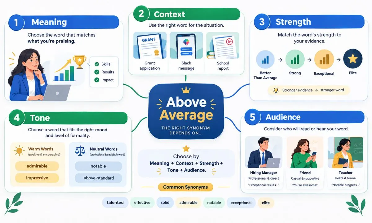 How to choose the right above average synonym based on meaning, context, strength, tone, and audience.