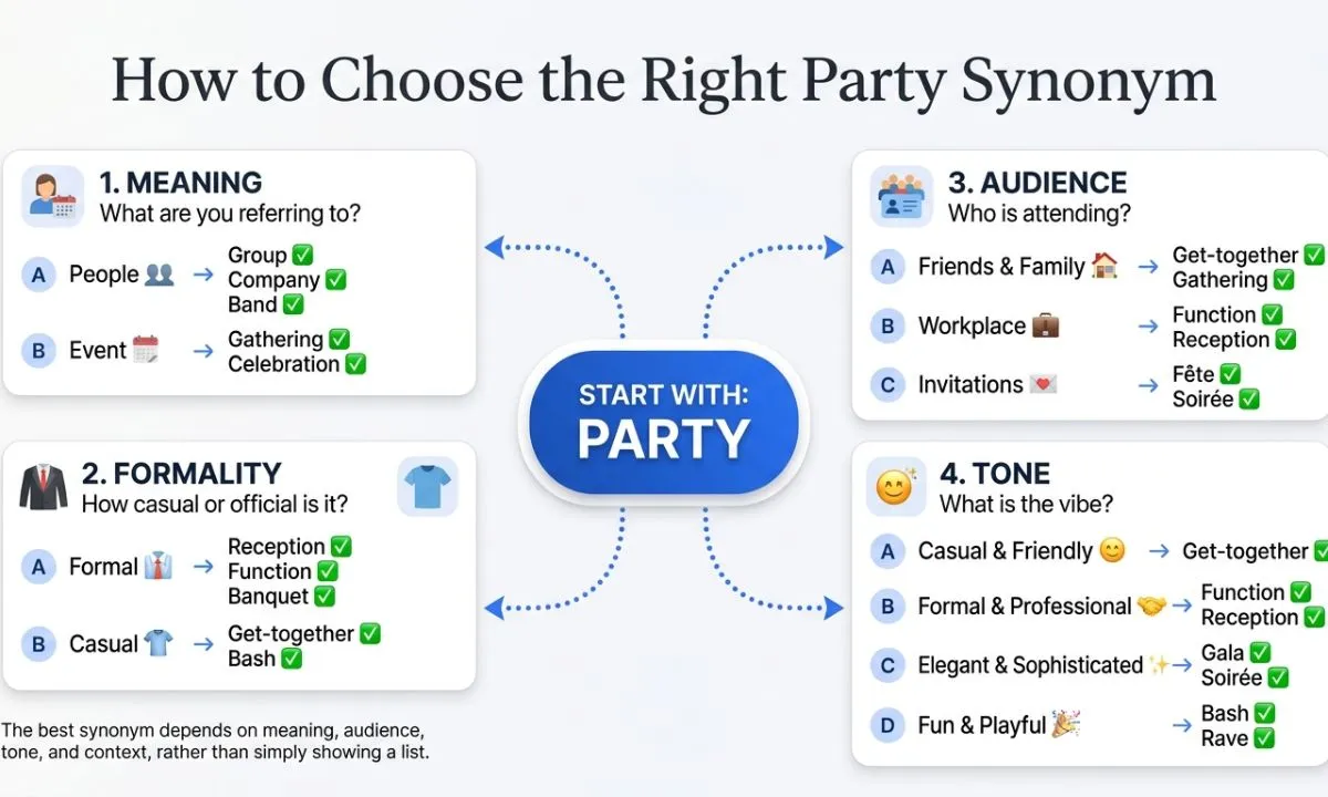 How to choose the right party synonym by meaning, audience, tone, and formality