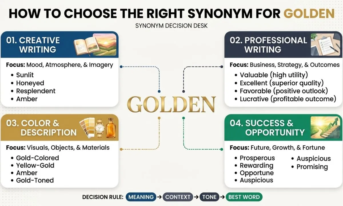 How to choose the right synonym for golden in creative writing, professional writing, color descriptions, and sentences about success or opportunity.