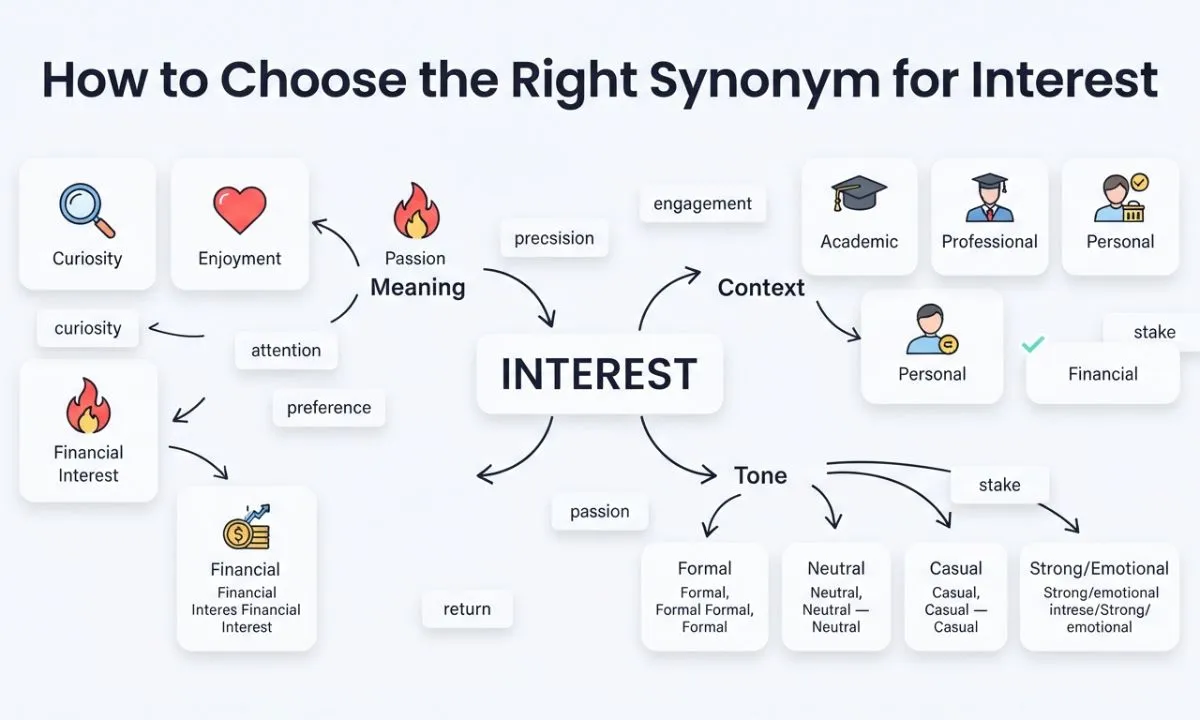 How to choose the right synonym for interest by meaning, context, and tone