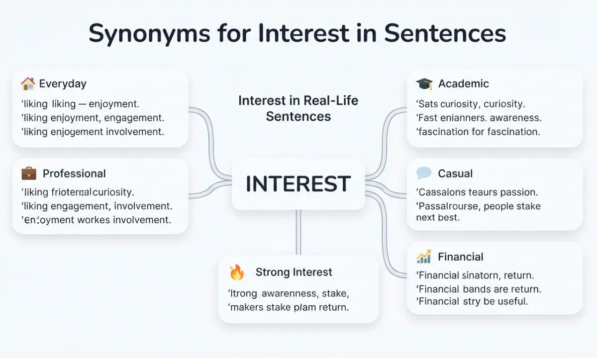 Interest synonyms in sentences with everyday, professional, academic, casual, and financial examples