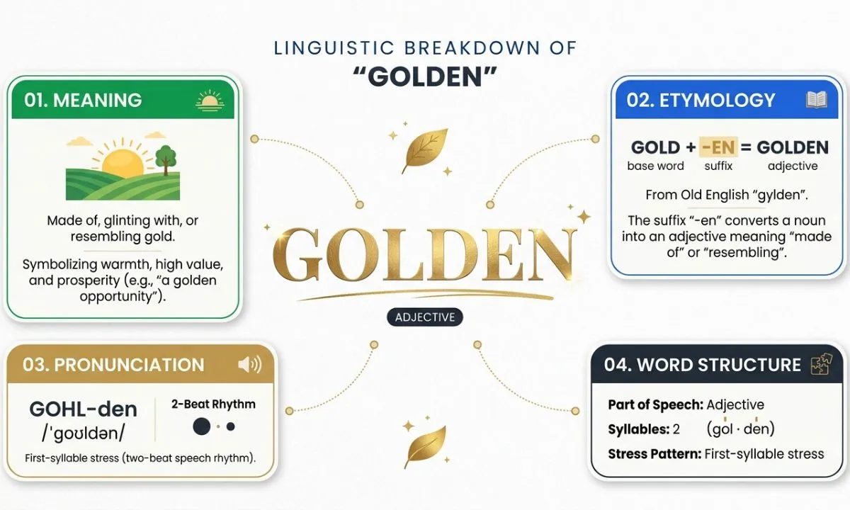Linguistic breakdown of the word golden showing its meaning, gold plus the suffix en, pronunciation, adjective form, two syllables, and first-syllable stress.