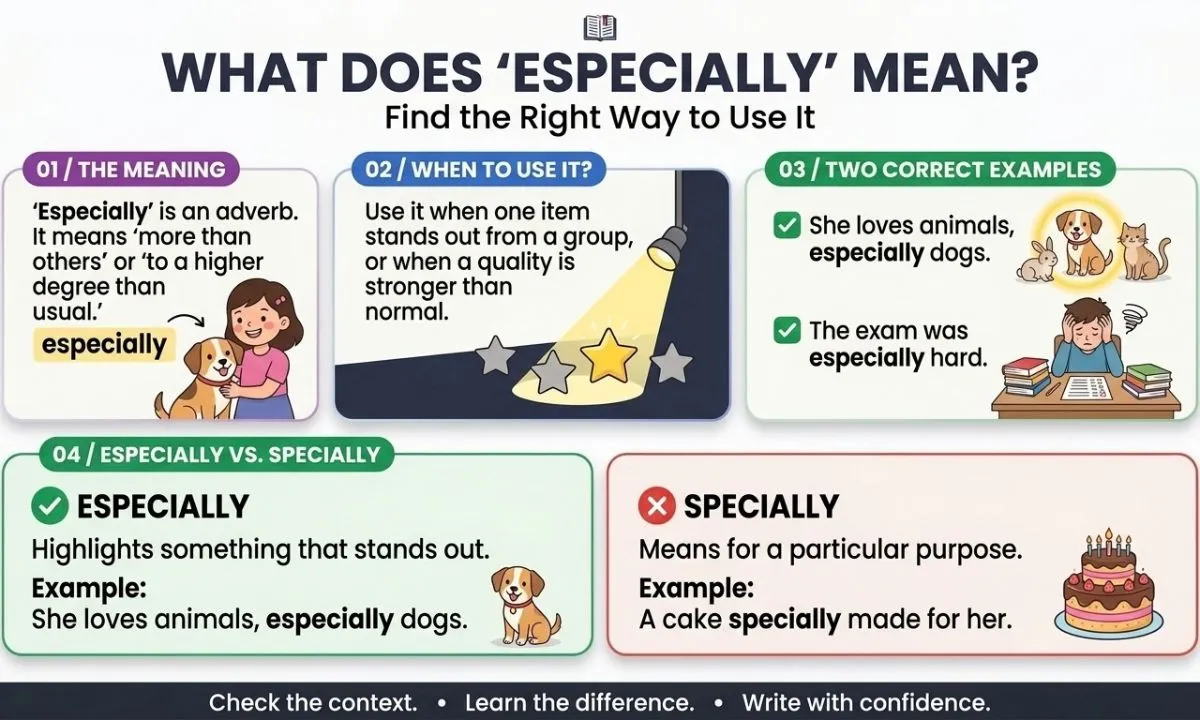 What does especially mean infographic explaining especially meaning in simple English with examples, usage tips, and the difference between especially and specially.