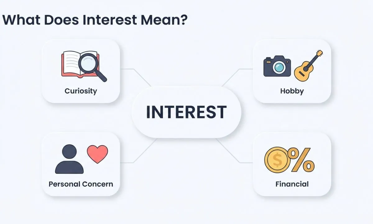 What does interest mean four meanings of interest in English including curiosity hobby financial and personal concern
