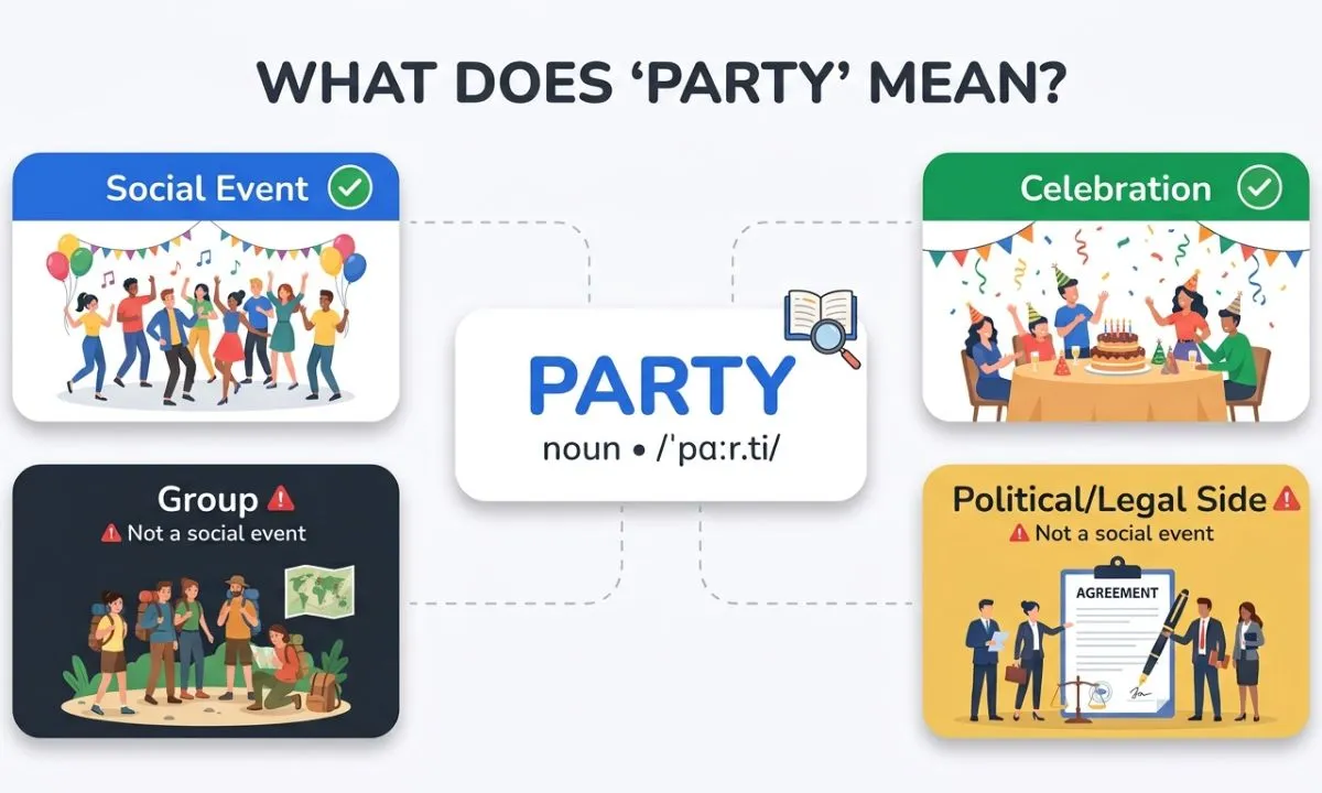 What does party mean Social event, celebration, group, and political meanings of party